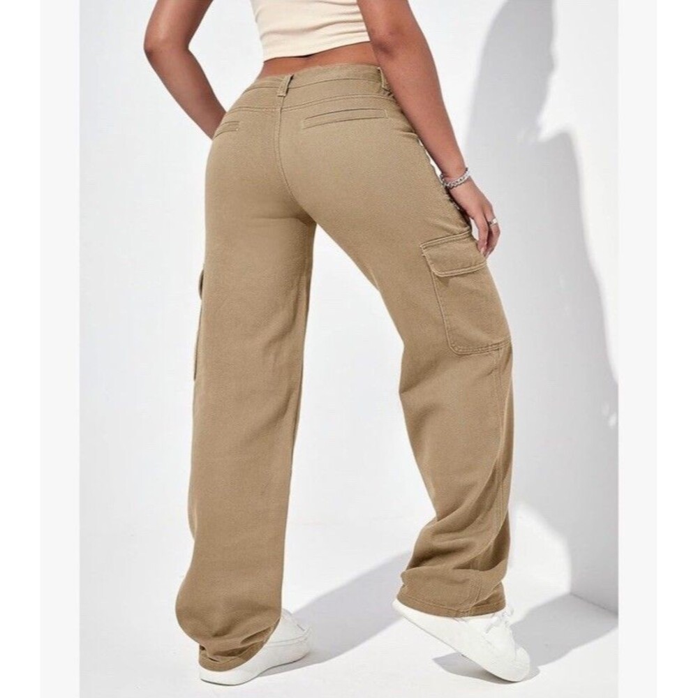 Women's Wide Leg Cargo Jeans Size 4 Relaxed Fit Denim Beige - Picture 2 of 16
